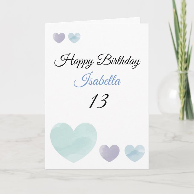 Carte Cute Purple & Turquoise Aquarelle Coeurs 13ème Ann (Devant)