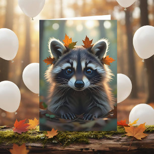 Carte Cute Raccoon et Fall Leaves Anniversaire