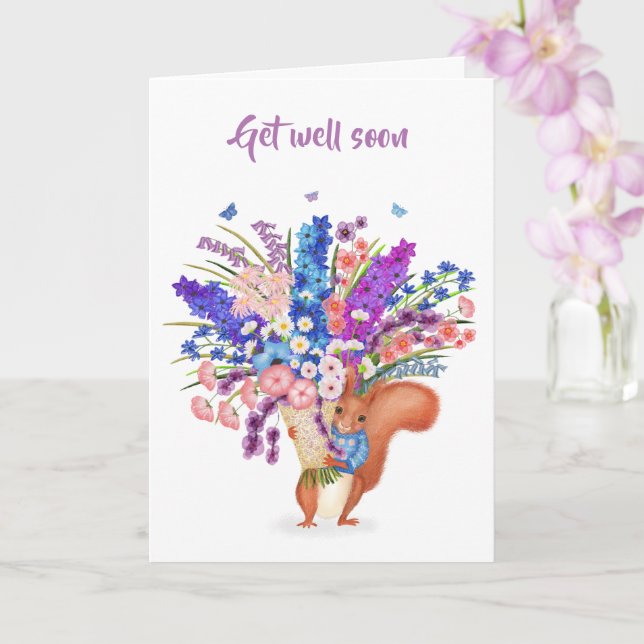Carte Cute red squirrel with flowers Get Well card (Orchidée)