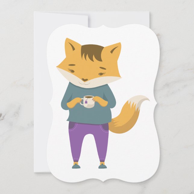 Carte Cute renard avec tasse de thé (Devant)