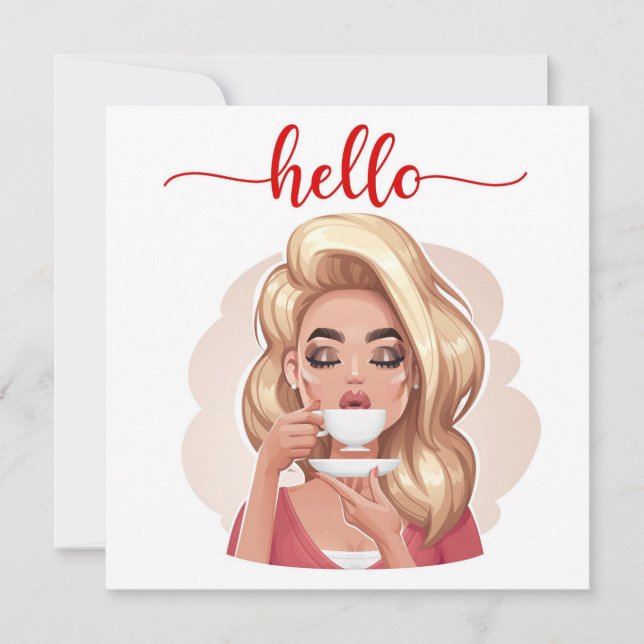 Carte Cute Retro Girl Blonde Flat Hello Card (Devant)