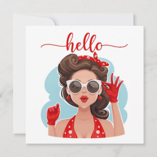Carte Cute Retro Girl Blue Flat Hello Card