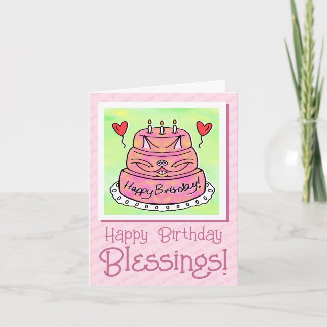 Carte Cute Rose Cat Cake Heureux Bénédictions Anniversai (Devant)