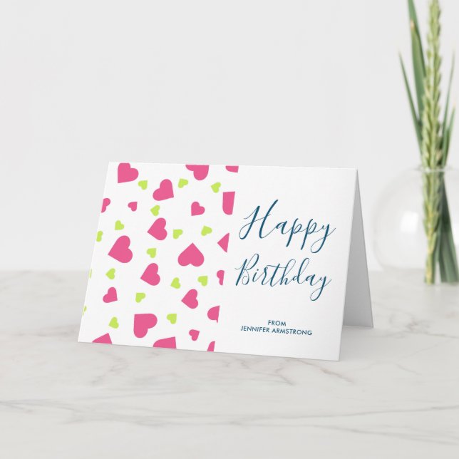 Carte Cute Rose et Coeurs verts Motif Anniversaire (Devant)