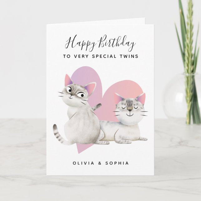 Carte Cute Rose Kitty Chat Twin Girls Anniversaire (Devant)