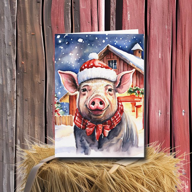 Carte Cute rustique Cochon de Noël et Grange (Créateur téléchargé)