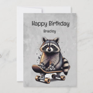 Carte Cute Skateboard Raccoon Fun Animal Anniversaire