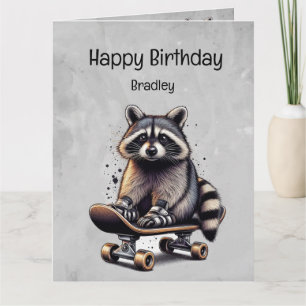 Carte Cute Skateboard Raccoon Fun Animal Anniversaire