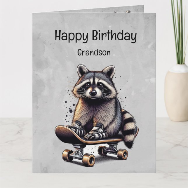 Carte Cute Skateboard Raccoon Grandson Anniversaire (Devant)