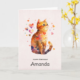 Carte Cute Tabby Chat avec Coeurs Anniversaire