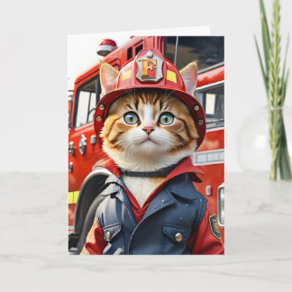 Carte Cute Tabby Chat en Aquarelle Uniforme Firefighter