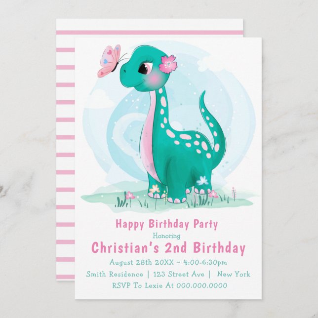 Carte Cute Turquoise Pink Dinosaur 2e anniversaire Invit (Devant / Derrière)