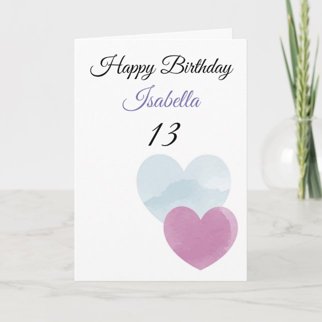 Carte Cute Turquoise & Purple Aquarelle Coeurs 13e Anniv (Devant)