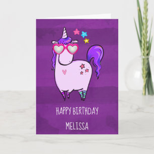 Carte Cute Unicorne dans les lunettes en forme de coeur 