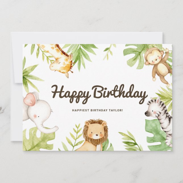 Carte Cute Watercolor Safari amis Anniversaire tropical (Devant)