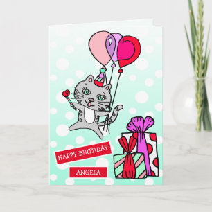 Carte Cute Whimsical Chat et Ballons Anniversaire