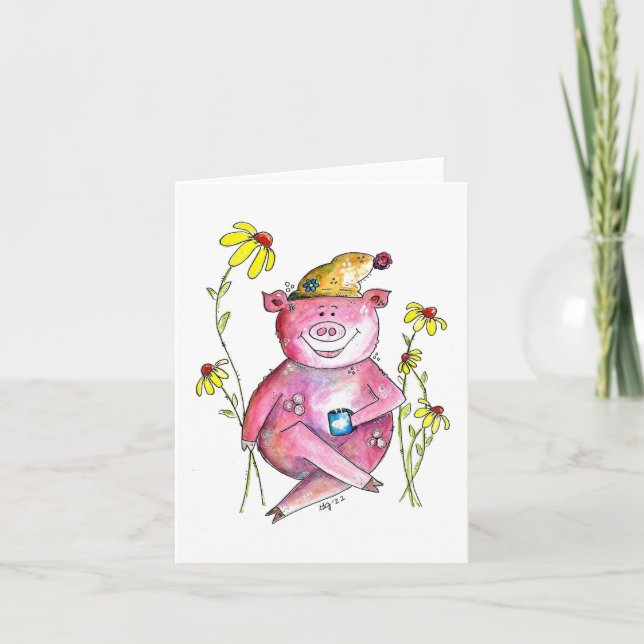 Carte Cute Whimsical Cochon Boire Café (Devant)