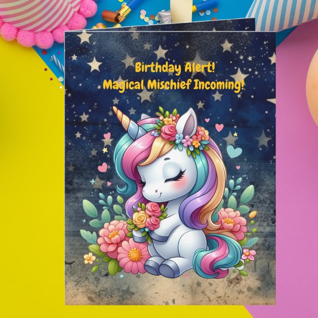 Carte Cute Whimsical Floral Unicorn Anniversaire de enfa (Créateur téléchargé)