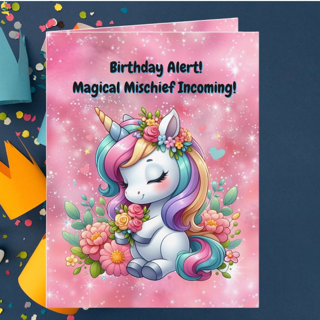 Carte Cute Whimsical Floral Unicorn Anniversaire de enfa (Créateur téléchargé)