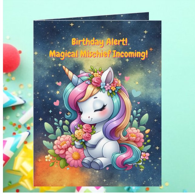 Carte Cute Whimsical Floral Unicorn Anniversaire de enfa (Créateur téléchargé)