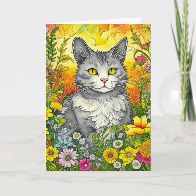 Carte Cute Whimsical Folk Style Art Chat et Fleurs (Devant)