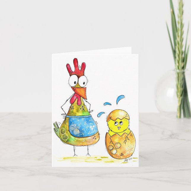 Carte Cute Whimsical Mama poulet avec bébé (Devant)