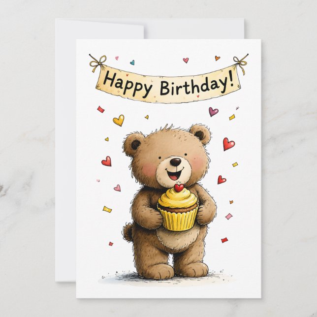 Carte Cute Whimsical Teddy Bear Happy Birthday Flat (Devant)