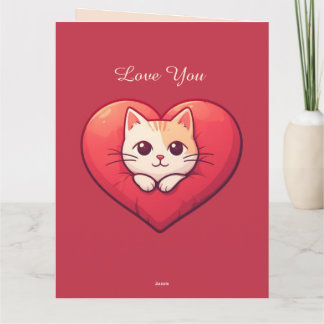 Carte Cute White Cat with Heart Kawaii Kitty Love Design