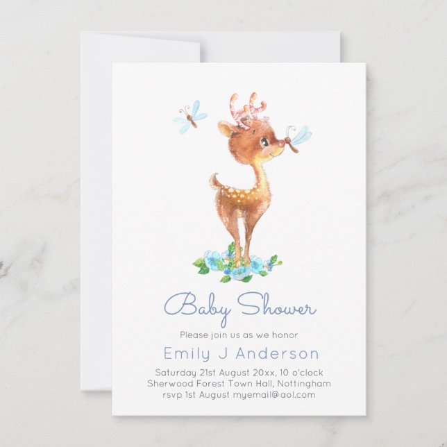 Carte Cute Woodland Deer Watercolo Baby shower Incl Env. (Devant)