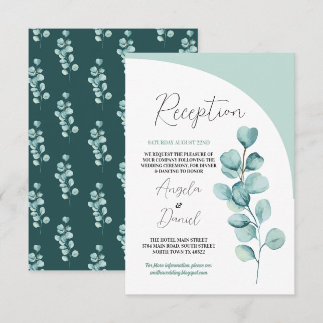 Carte D'accompagnement Accueil Mariage Eucalyptus Feuille Mint Green (Devant / Derrière)