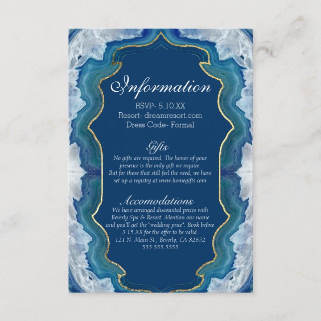 Carte D'accompagnement Agate Elegant Pretty Blue Géode Informations Turqu (Devant)