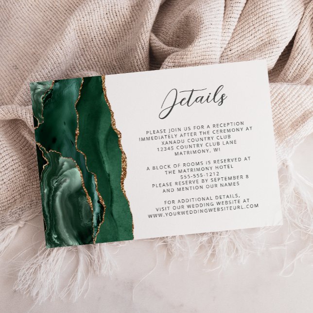 Carte D'accompagnement Agate Emerald Green Gold Script Wedding Details (Créateur téléchargé)