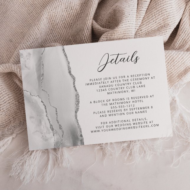 Carte D'accompagnement Agate Grey Silver Modern Script Détails du Mariage (Créateur téléchargé)