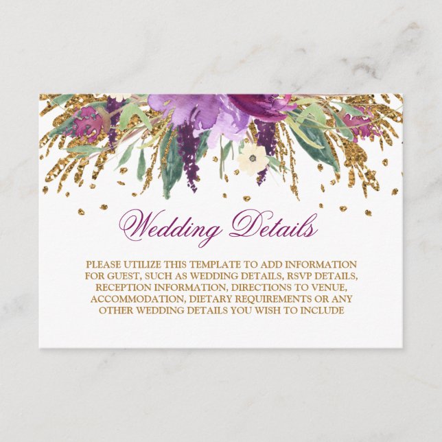 Carte D'accompagnement Améthyste d'aquarelle Détails du Mariage (Devant)