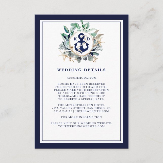 Carte D'accompagnement Ancre Aquarelle Vert Mariage Wreath Détails (Devant)