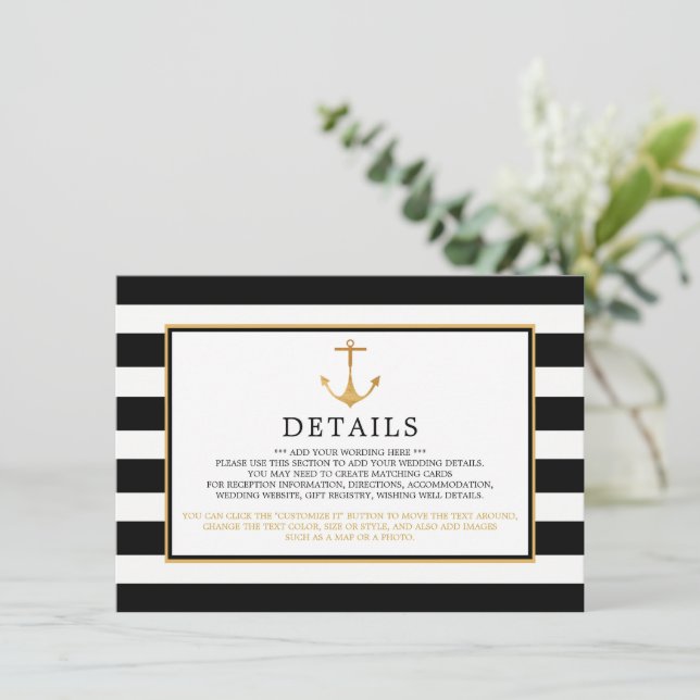 Carte D'accompagnement Ancre d'or nautique, Mariage noir et or détail (Debout devant)