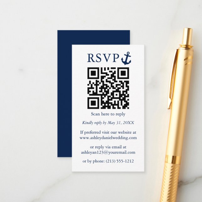 Carte D'accompagnement Ancre mariage bleu marine QR RSVP (Devant/Arrière en situation)