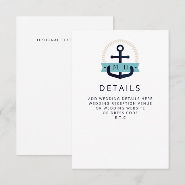 Carte D'accompagnement Ancre marine moderne Monogramme nautique Mariage E (Devant / Derrière)