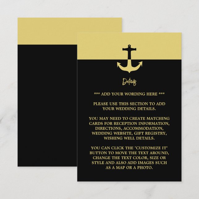 Carte D'accompagnement Ancre nautique - Black Gold - Détail du Mariage (Devant / Derrière)