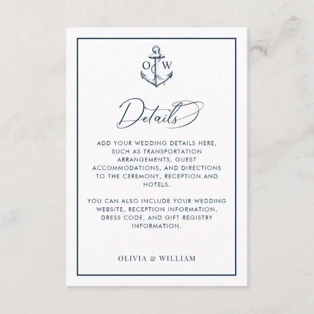 Carte D'accompagnement Ancre nautique - Détails du Mariage (Devant)