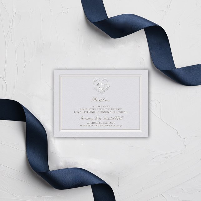 Carte D'accompagnement Ancre nautique Mariage de réception côtière (nautical wedding reception card classic formal traditional frame faux embossed anchor crest monogram)