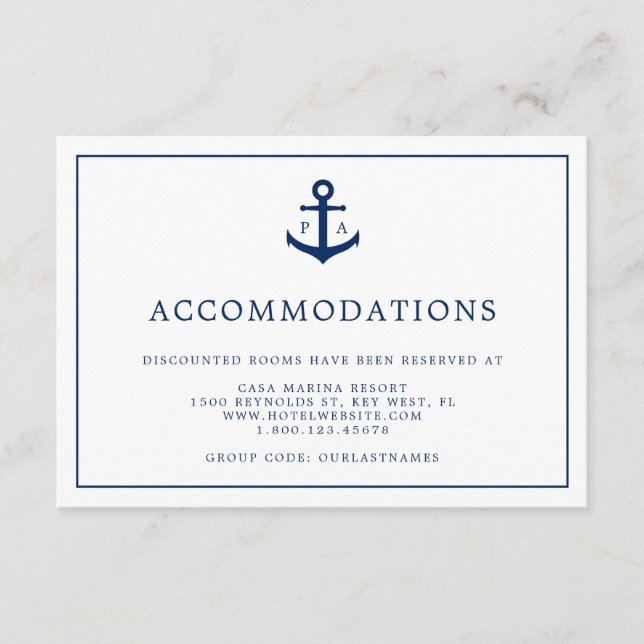 Carte D'accompagnement Ancre nautique Monogramme Mariage Hébergements (Devant)