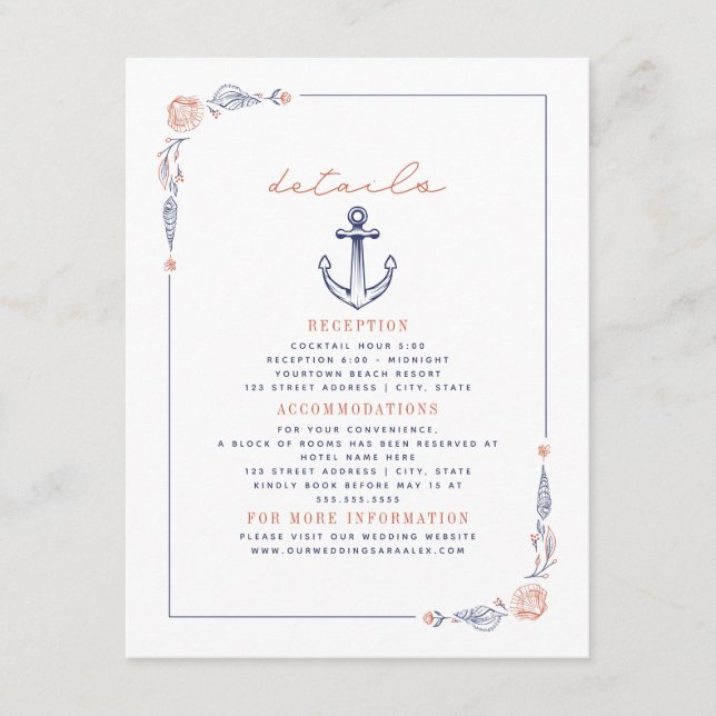 Carte D'accompagnement Ancre rustique Red & Blue Beach Détails du mariage (Devant)