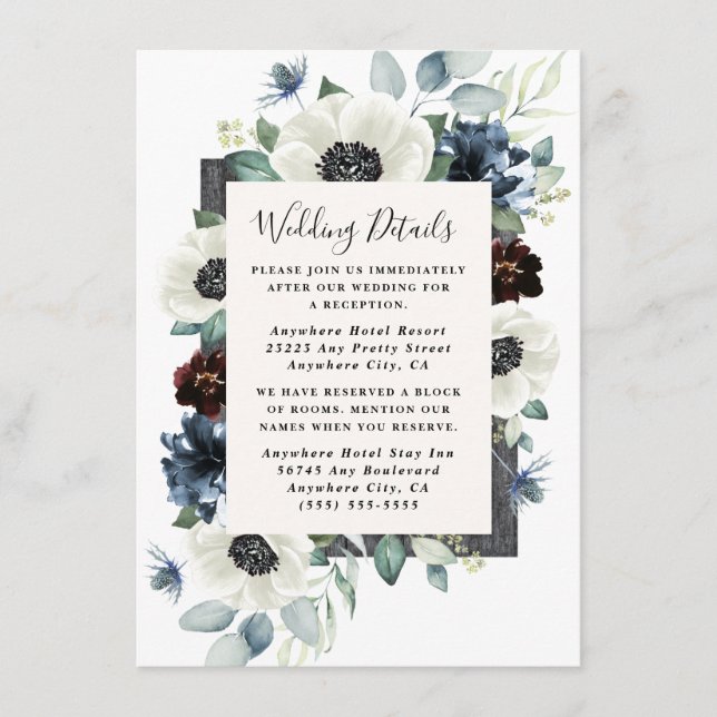 Carte D'accompagnement Anemone Dusty Blue Thistle Bourgogne Floral Mariag (Devant)