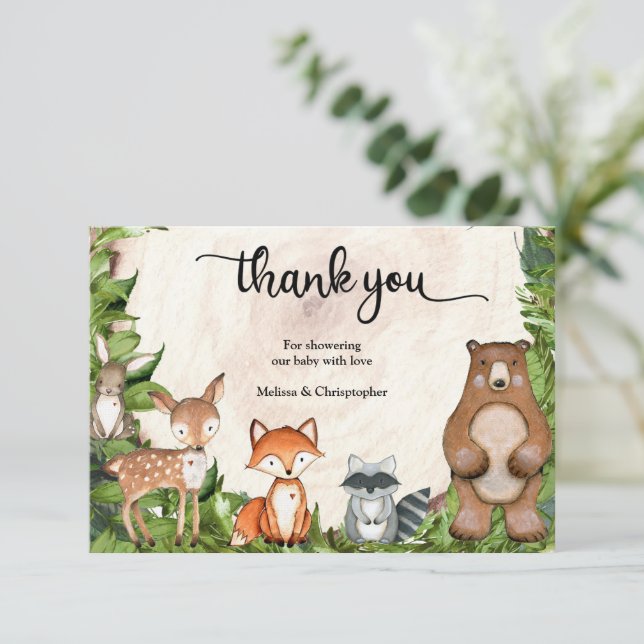 Carte D'accompagnement Animaux de la forêt tranche de bois verdure merci (Debout devant)