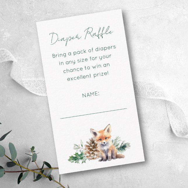 Carte D'accompagnement Animaux rustiques en bois Baby shower Refus de cou (This woodland Diaper Raffle card with winter greenery is perfect for a rustic baby shower.)