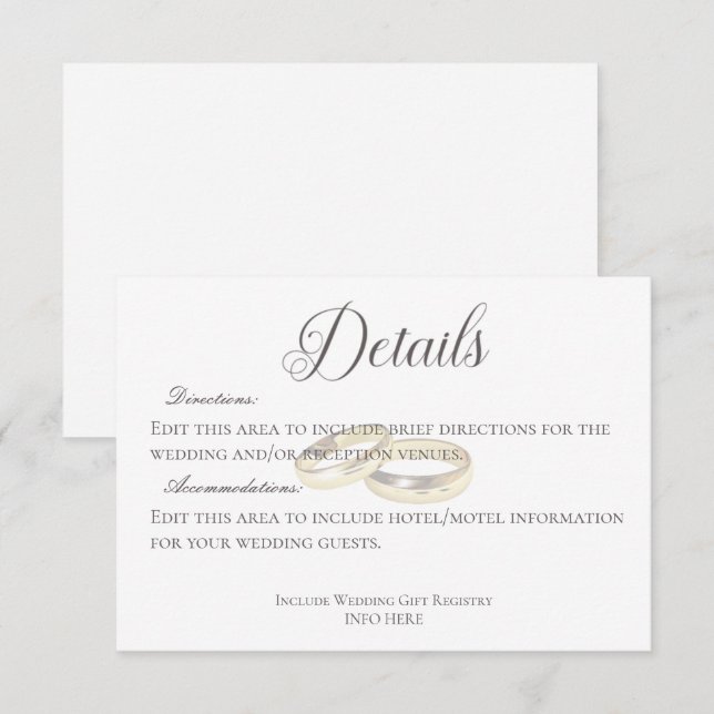 Carte D'accompagnement Anneaux de Mariage or sur Mariage blanc Détails (Devant / Derrière)