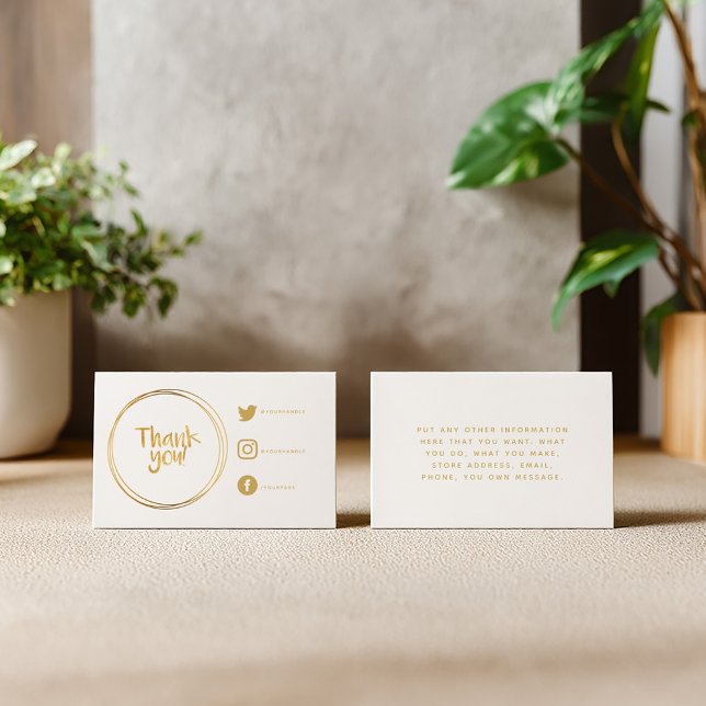 Carte D'accompagnement Anneaux d'or merci Liens sociaux gratitude (Thank you insert card with gold rings, message and social media icons for customer orders)