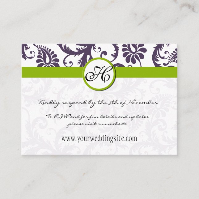 Carte D'accompagnement Apple Green Lapis Purple Mariage damassé Info Cart (Devant)