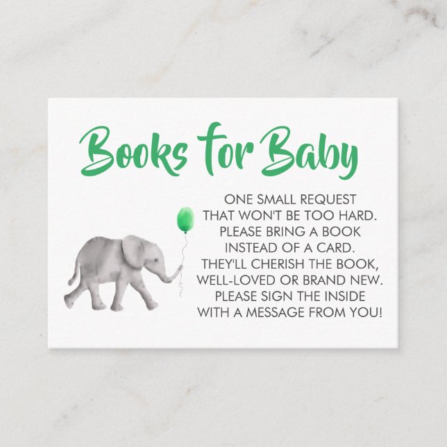 Carte D'accompagnement Apportez un livre pour bébé, Baby shower d'éléphan (Devant)